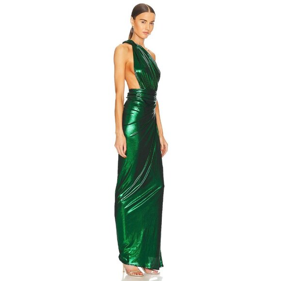 Green Asymmetrical Ruched One Shoulder Gown - Picture 4 of 15